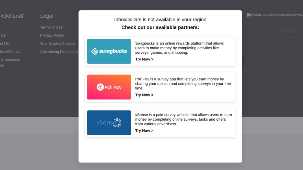 Popup di InboxDollars not available in your region con elenco di piattaforme partner alternative